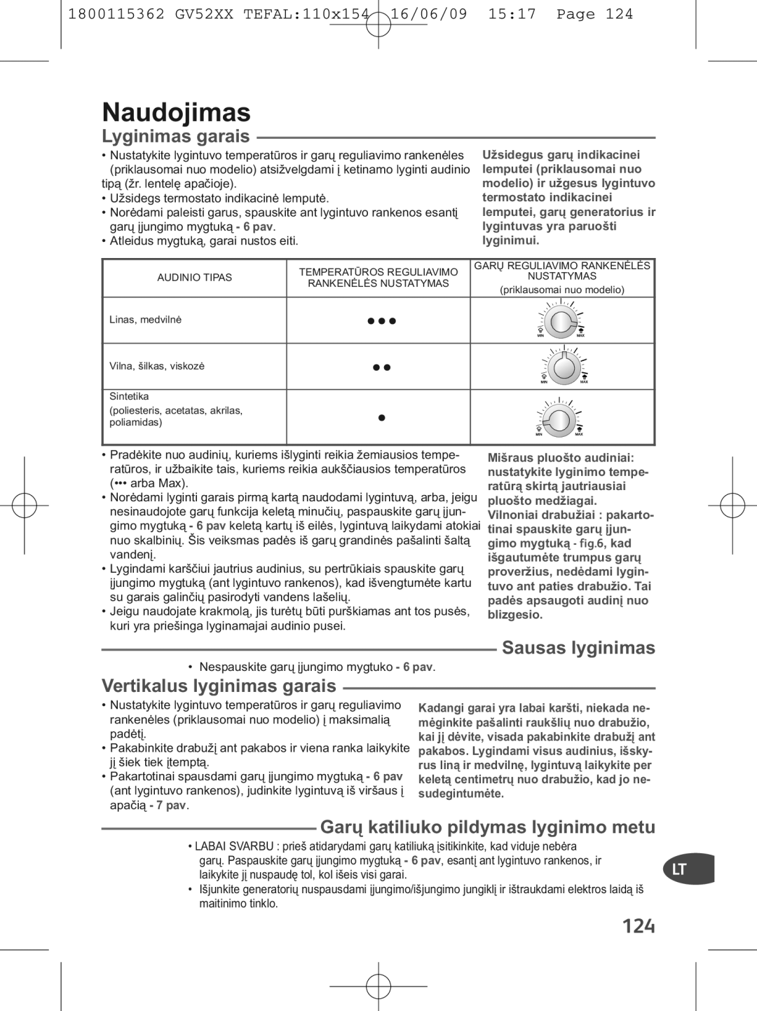 Tefal GV5230G0, GV5230E0, GV5230C0 manual Naudojimas, 124 