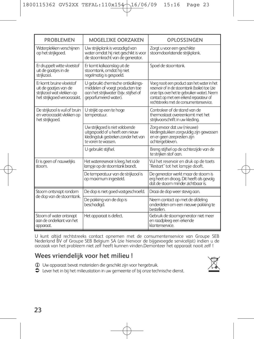 Tefal GV5230C0, GV5230E0, GV5230G0 manual Wees vriendelijk voor het milieu 