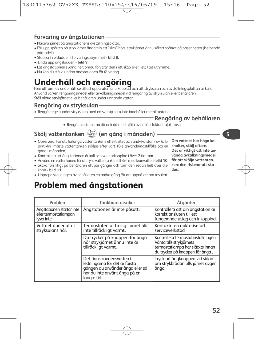 Tefal GV5230G0, GV5230E0, GV5230C0 manual Underhåll och rengöring, Problem med ångstationen 