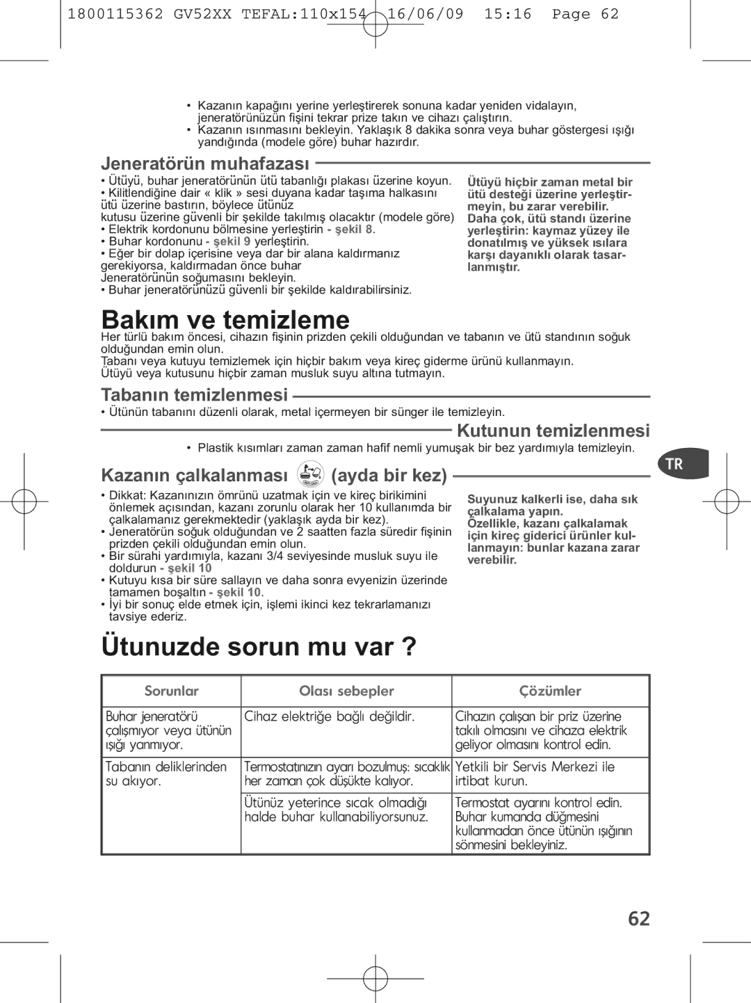 Tefal GV5230C0, GV5230E0, GV5230G0 manual Bakım ve temizleme, Ütunuzde sorun mu var ? 