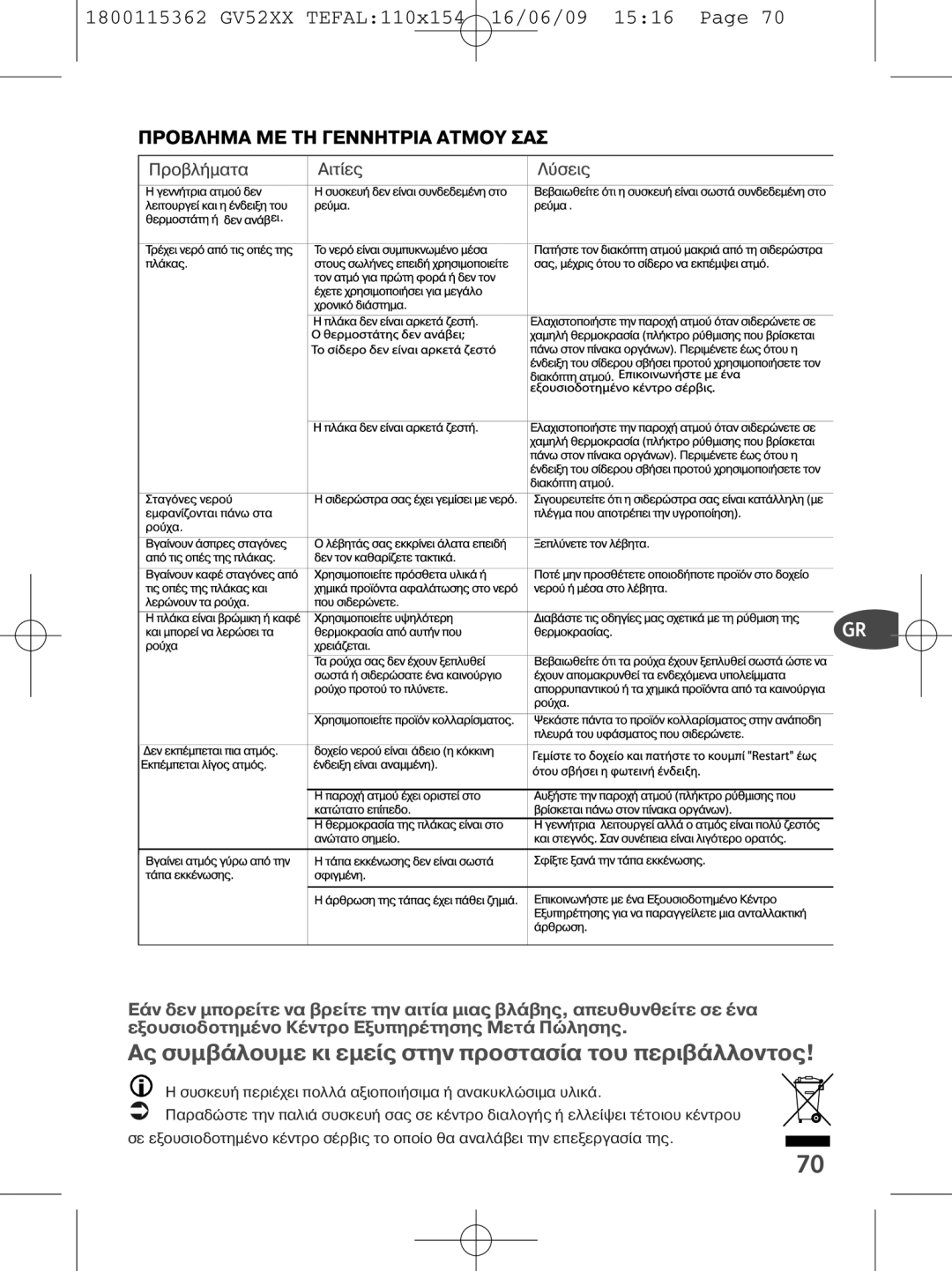 Tefal GV5230G0, GV5230E0, GV5230C0 manual Συµβλο υµε κι εµε σ την προστασα του περιβλλοντο, 16/06/09 1516 