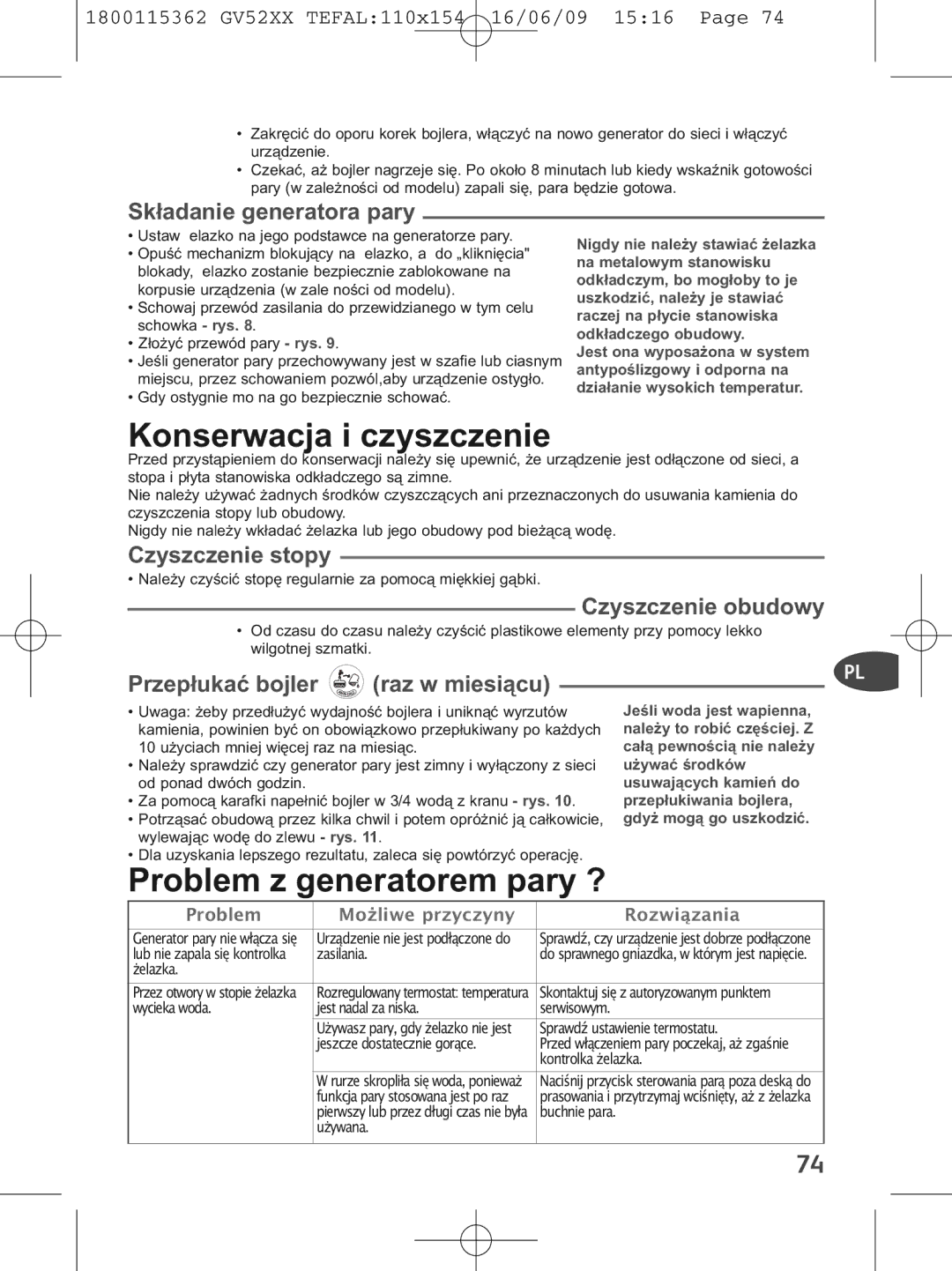 Tefal GV5230C0, GV5230E0, GV5230G0 manual Konserwacja i czyszczenie, Problem z generatorem pary ? 