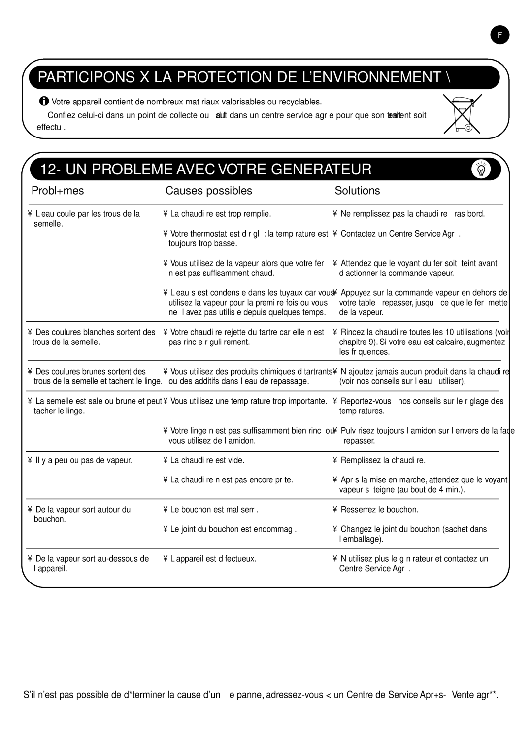 Tefal GV6600J0, GV6600G0 manual Participons À LA Protection DE L’ENVIRONNEMENT, UN Probleme Avec Votre Generateur, Solutions 