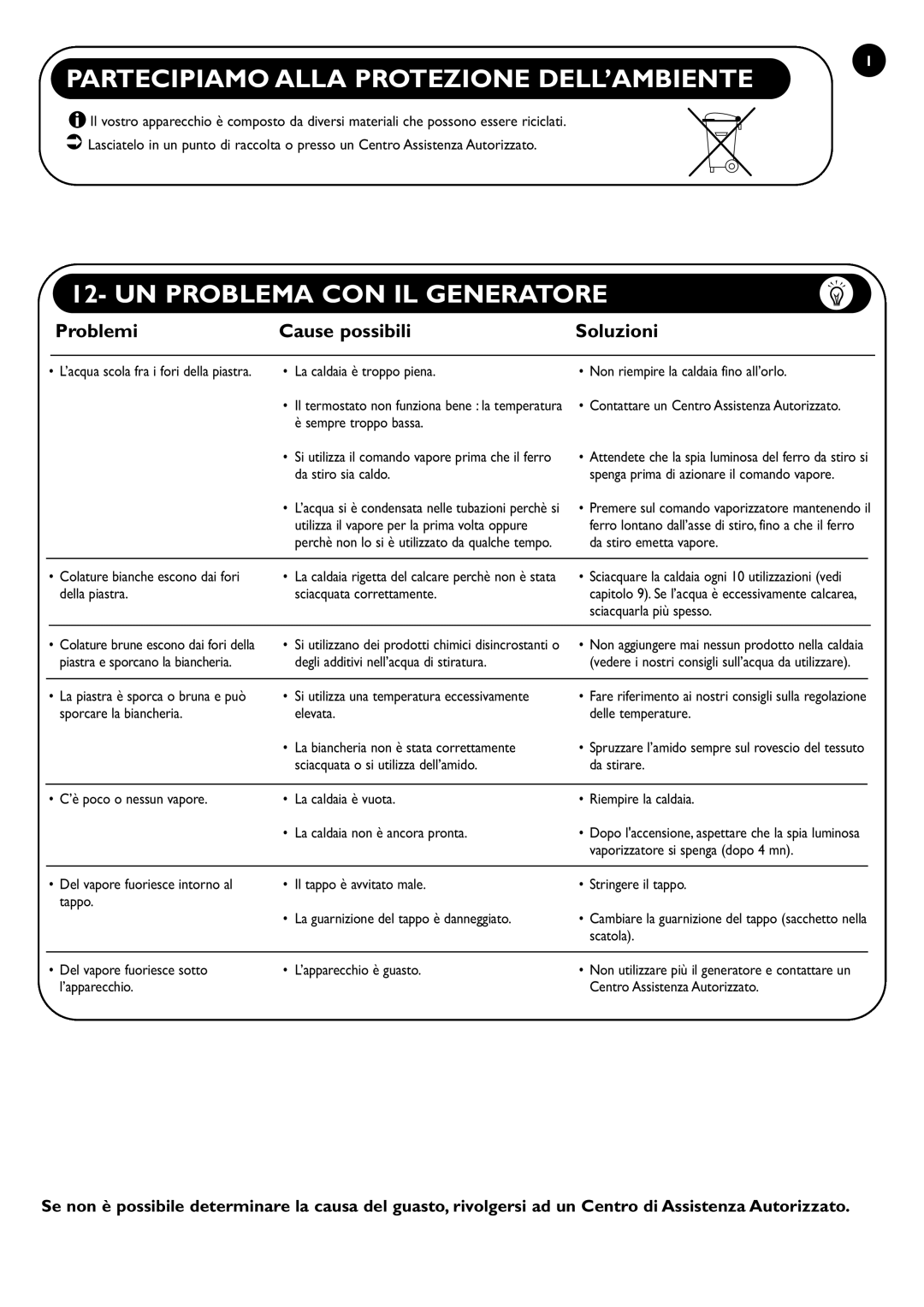 Tefal GV6600S0 manual Partecipiamo Alla Protezione DELL’AMBIENTE, UN Problema CON IL Generatore, Problemi Cause possibili 