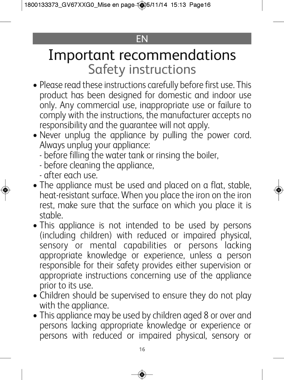 Tefal GV6720G0 manual Important recommendations 