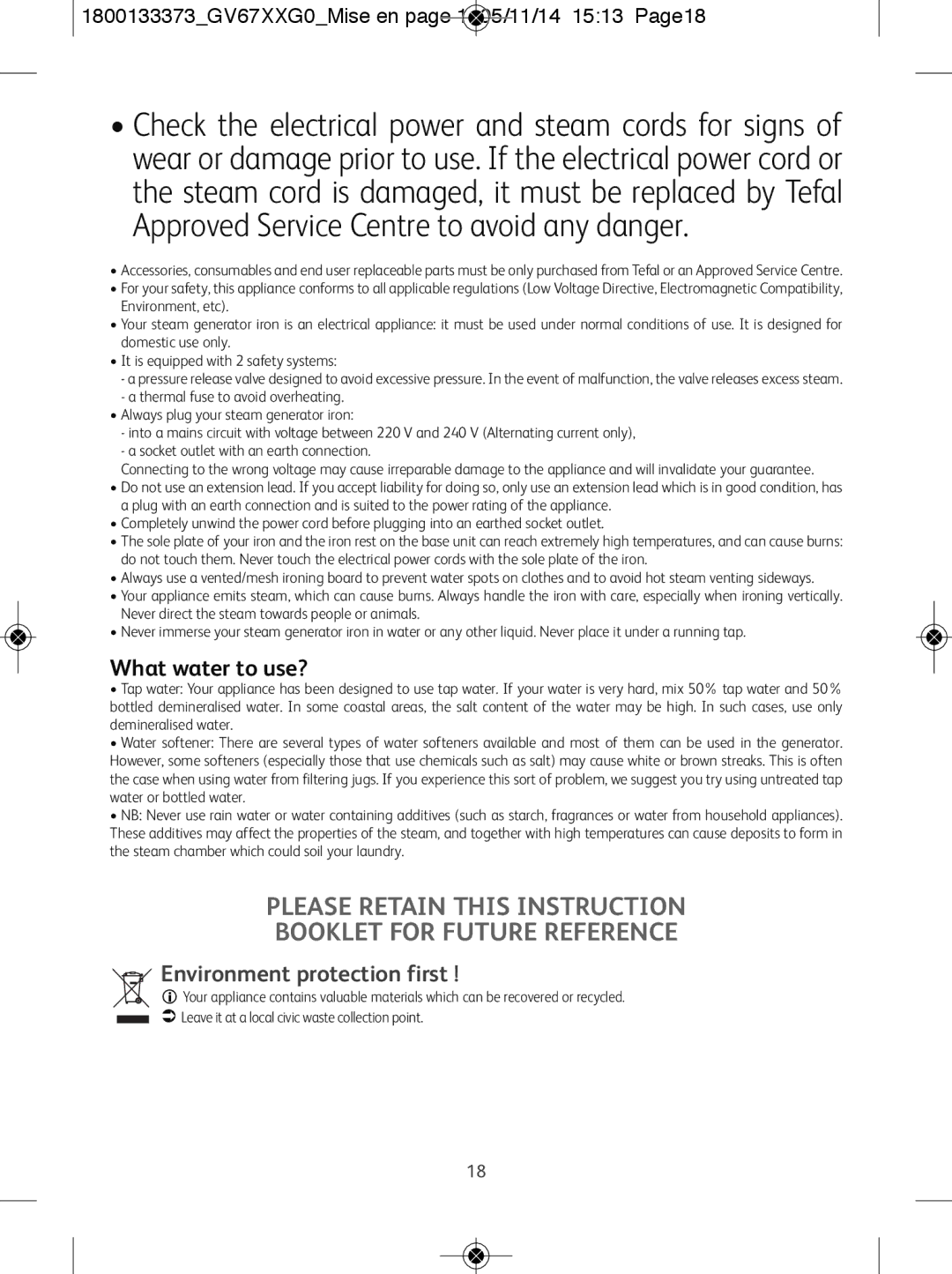 Tefal GV6720G0 manual Please Retain this Instruction Booklet for Future Reference, What water to use? 