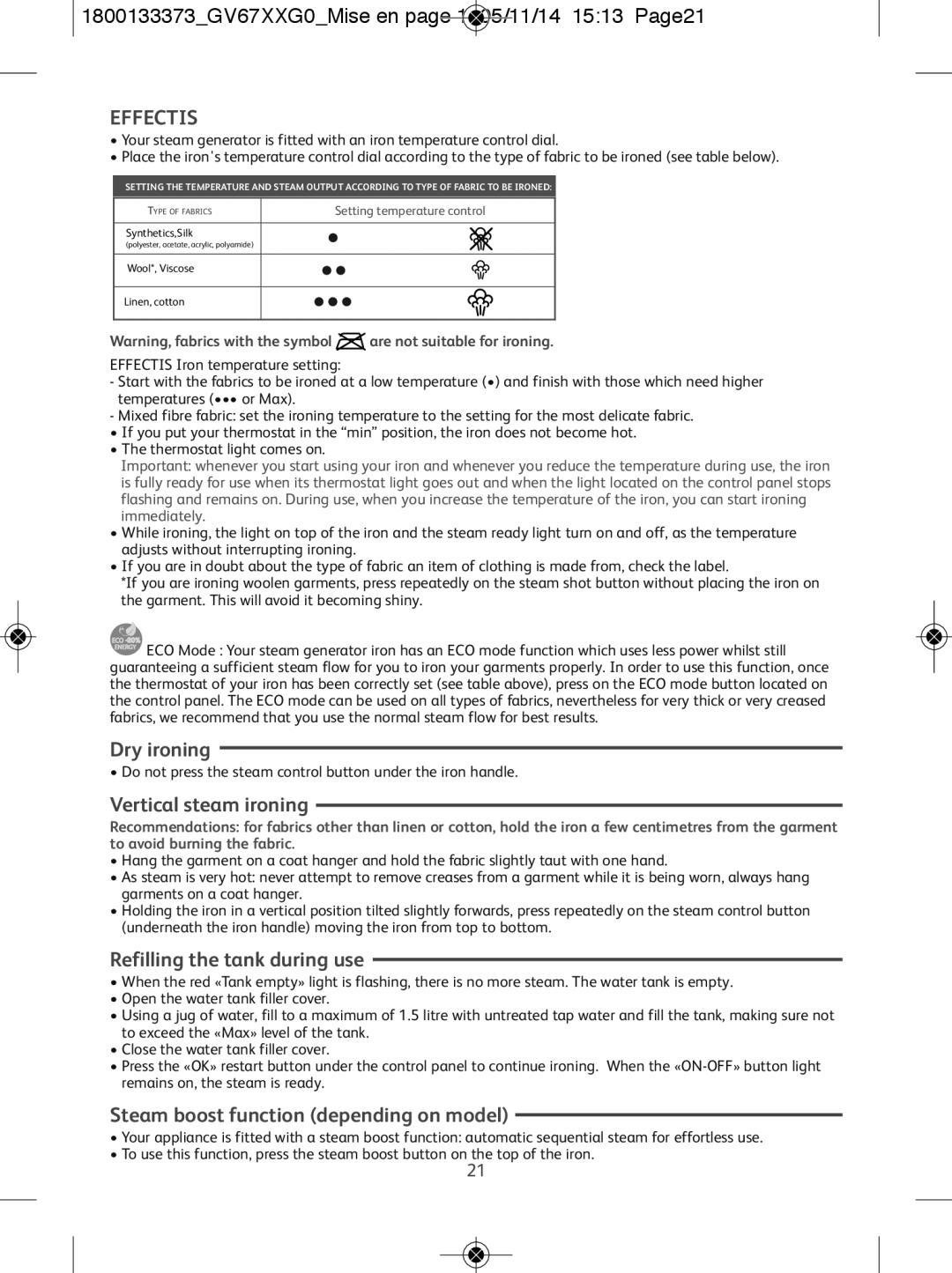 Tefal GV6720G0 Dry ironing, Vertical steam ironing, Refilling the tank during use, Steam boost function depending on model 