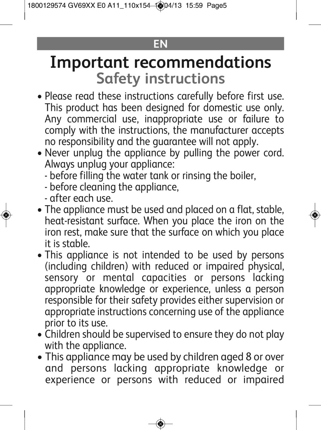 Tefal GV6920C0, GV6920E0, GV6920G0, GV6920Z0 manual Important recommendations 