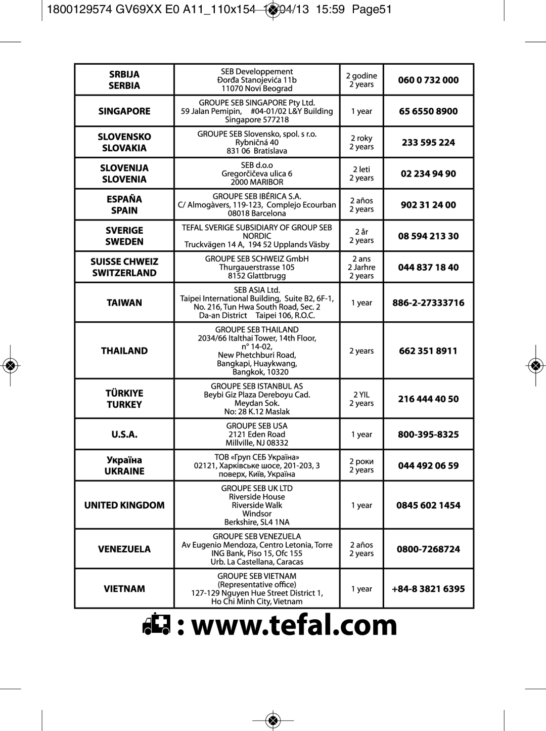 Tefal GV6920E0, GV6920C0, GV6920G0, GV6920Z0 manual 1800129574 GV69XX E0 A11110x15 4 18/04/13 1559 Page51 