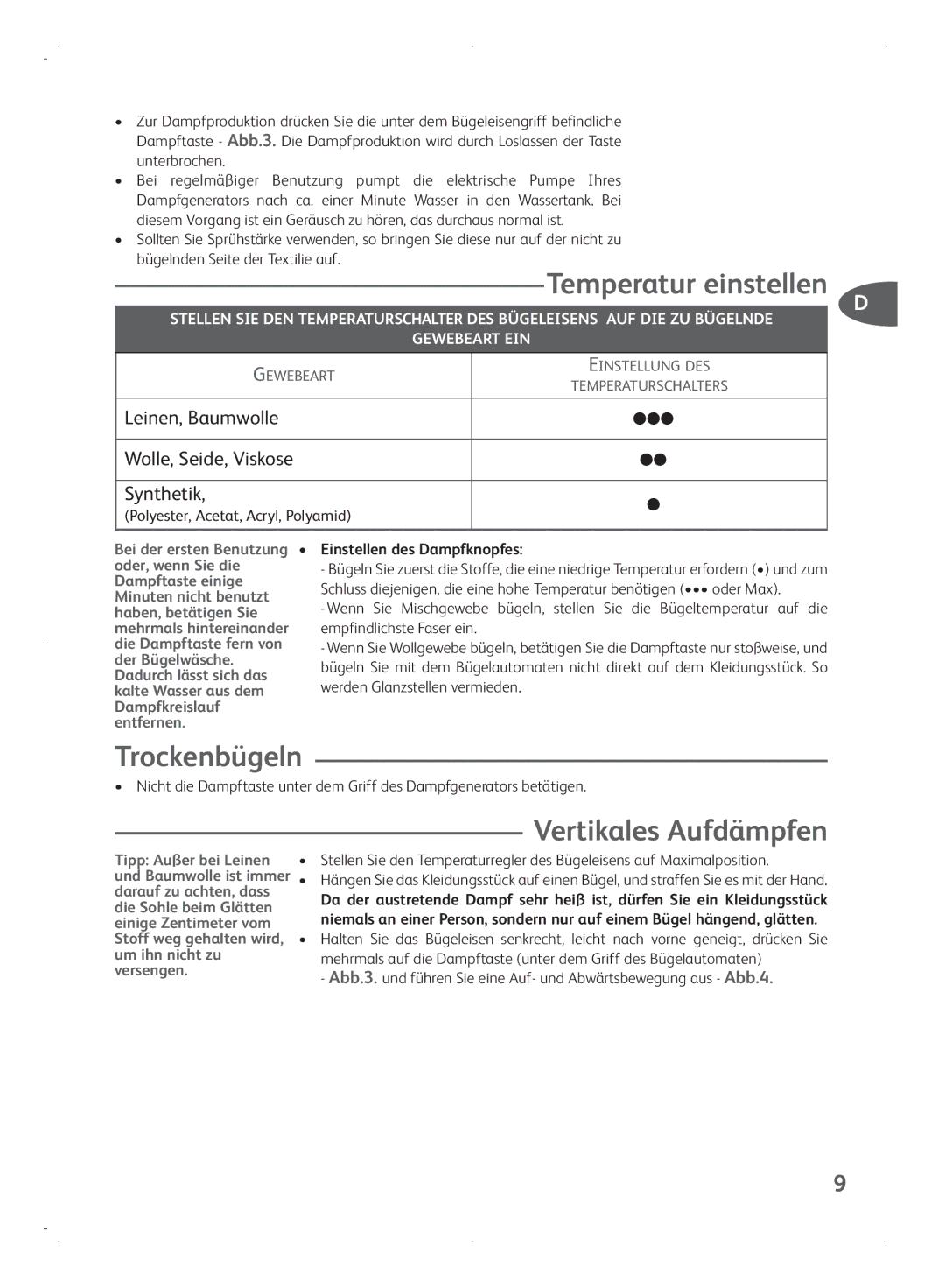 Tefal GV7070E0, GV7070G8, GV7070G0 manual Temperatur einstellen, Trockenbügeln, Vertikales Aufdämpfen 