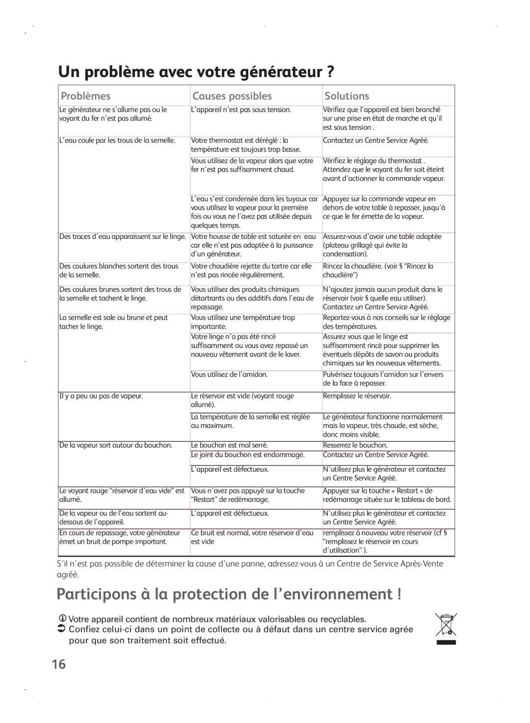 Tefal GV7070G8, GV7070G0, GV7070E0 manual Un problème avec votre générateur ?, Participons à la protection de l’environnement 