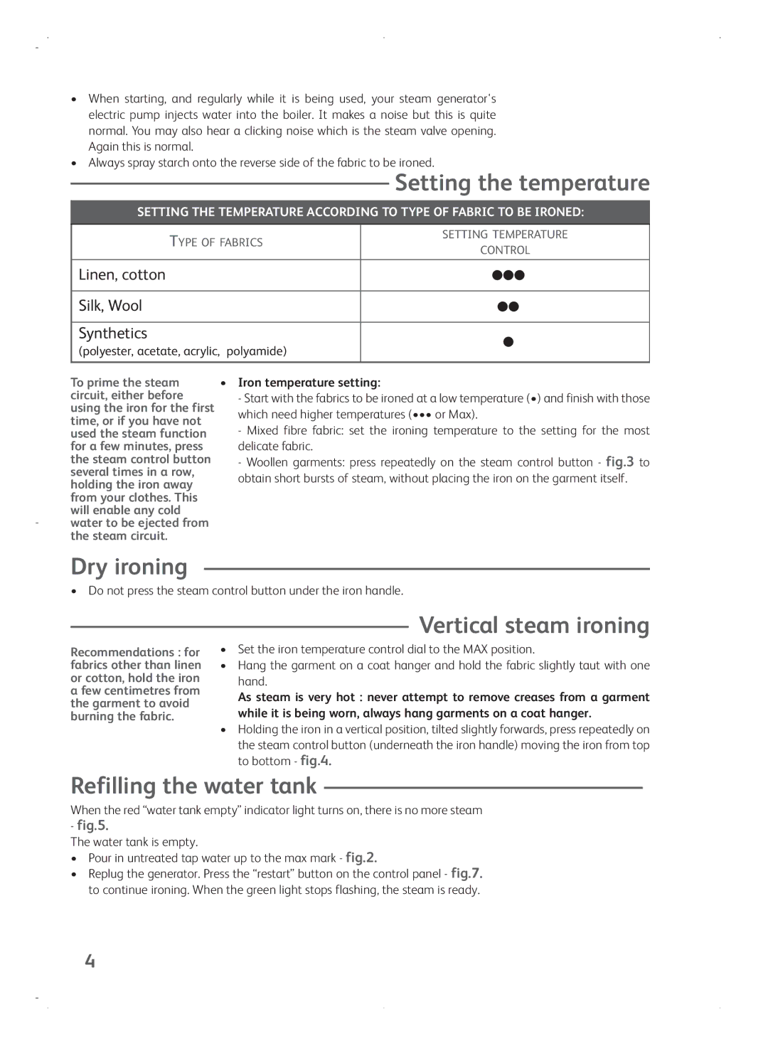 Tefal GV7070G8, GV7070G0, GV7070E0 Setting the temperature, Dry ironing, Vertical steam ironing, Refilling the water tank 