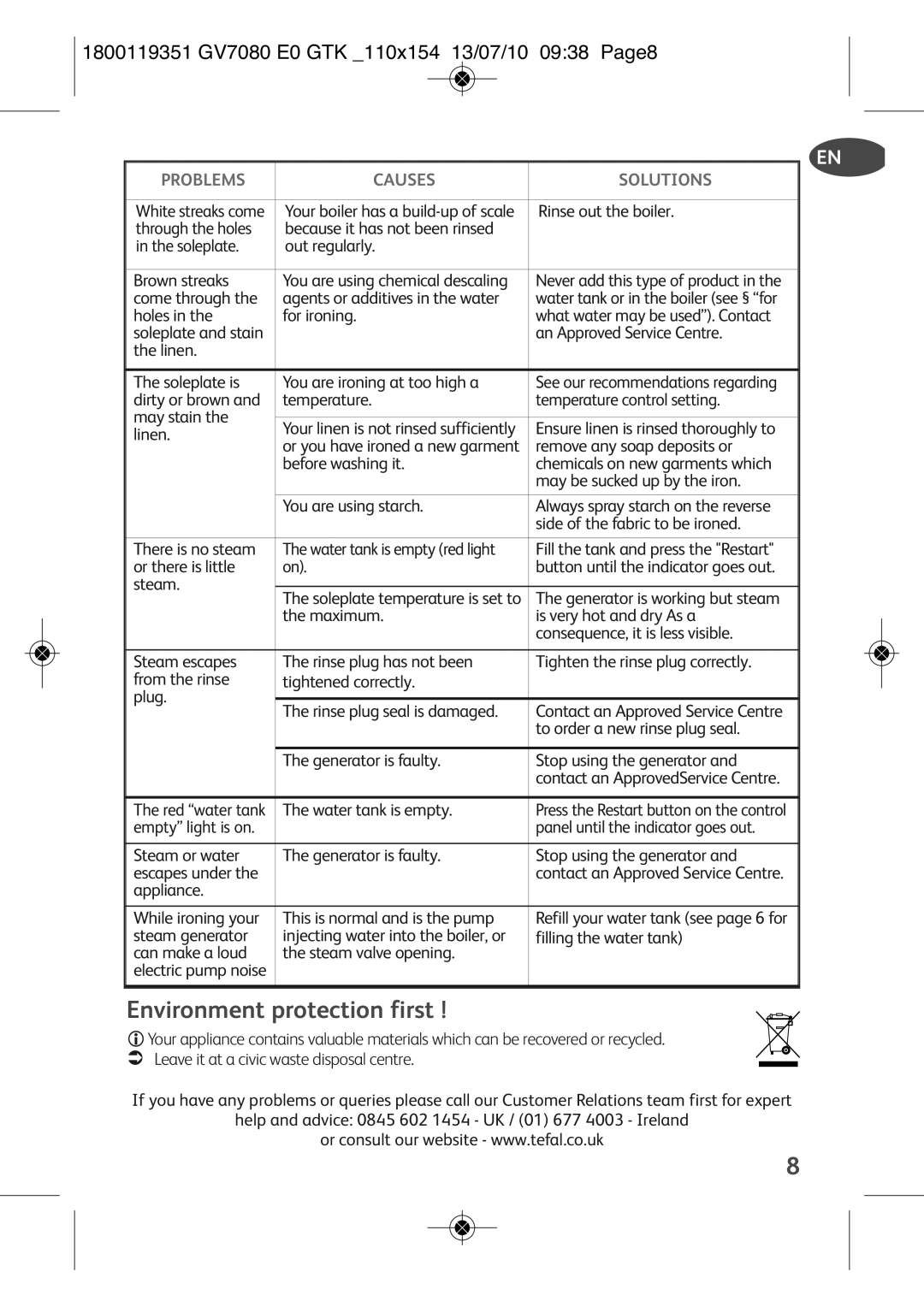 Tefal GV7080G0, GV7080C1, GV7080CH manual Environment protection first, 1800119351 GV7080 E0 GTK 110X154 13/07/10 0938 PAGE8 