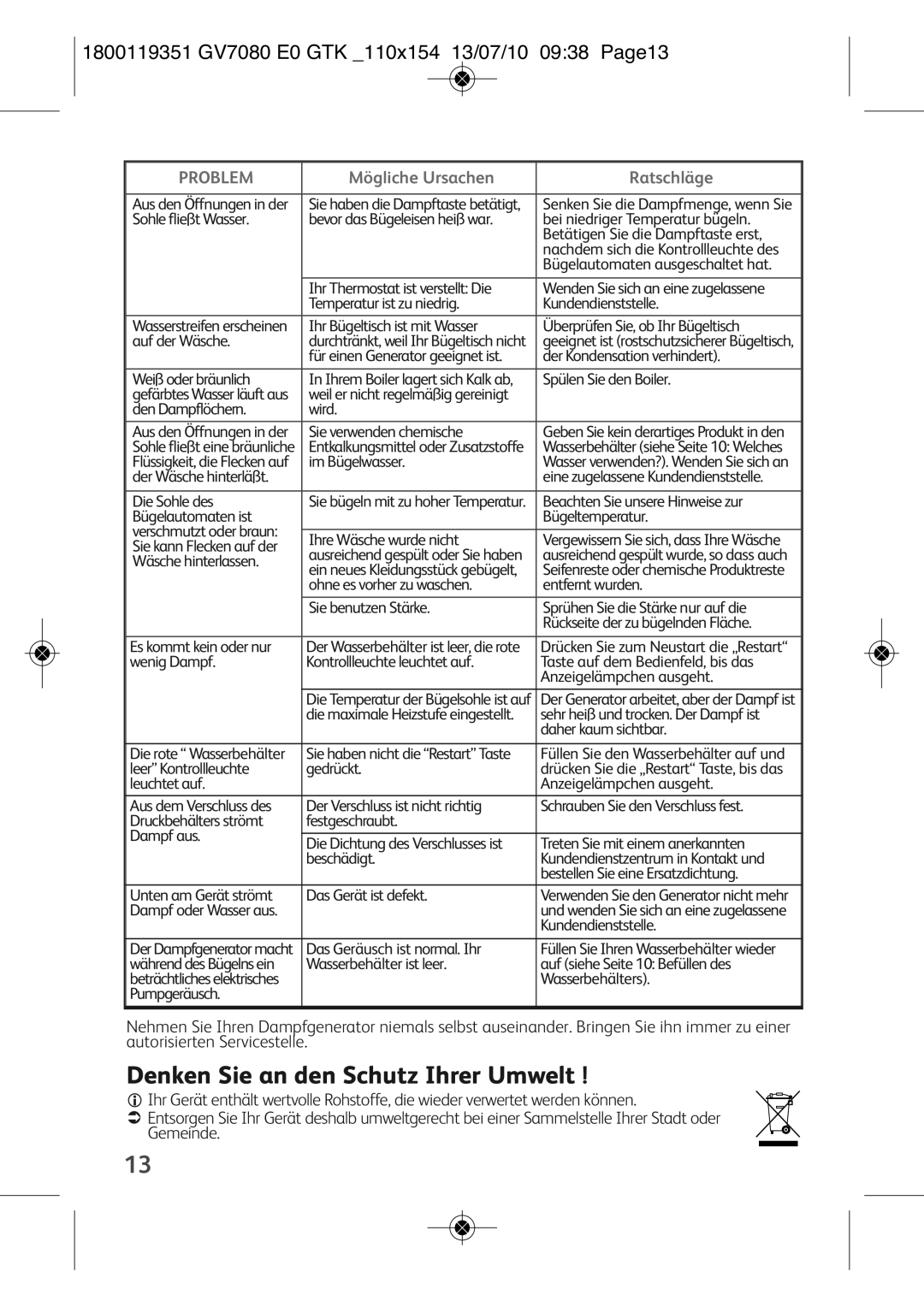 Tefal GV7080E1, GV7080C1 manual Denken Sie an den Schutz Ihrer Umwelt, 1800119351 GV7080 E0 GTK 110X154 13/07/10 0938 PAGE13 