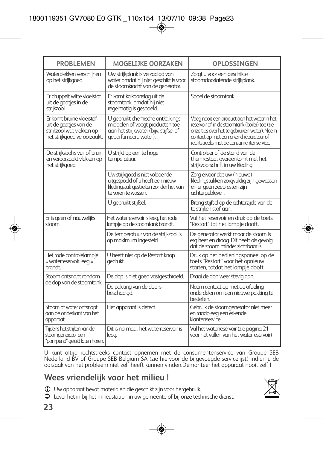 Tefal GV7080E0, GV7080C1, GV7080CH Wees vriendelijk voor het milieu, 1800119351 GV7080 E0 GTK 110X154 13/07/10 0938 PAGE23 
