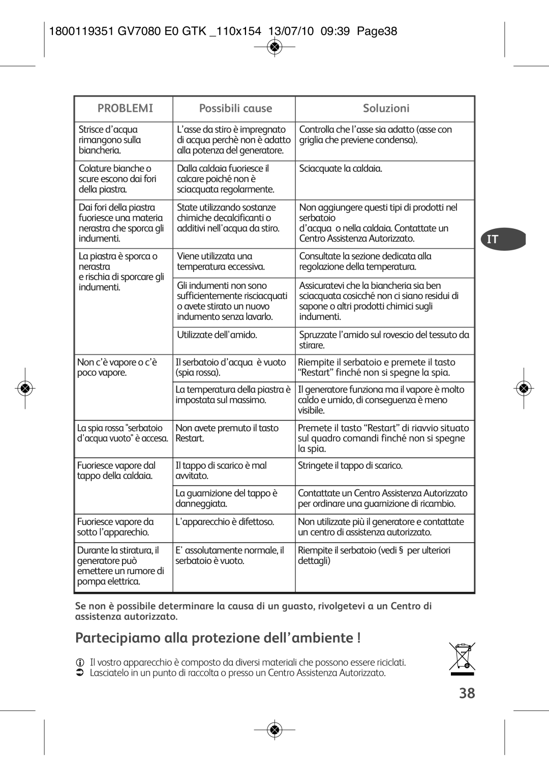 Tefal GV7080C0, GV7080C1 Partecipiamo alla protezione dell’ambiente, 1800119351 GV7080 E0 GTK 110X154 13/07/10 0939 PAGE38 