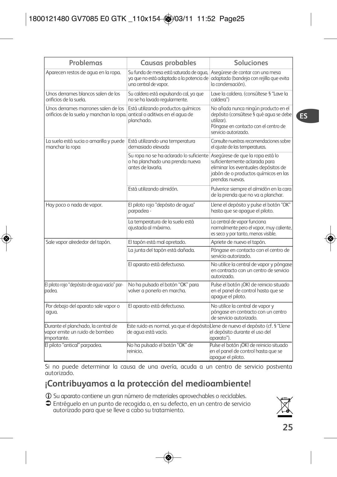 Tefal GV7085E0, GV7085C0, GV7085C1, GV7085CH, GV7085E2, GV7085Z0, GV7085E1 ¡Contribuyamos a la protección del medioambiente 