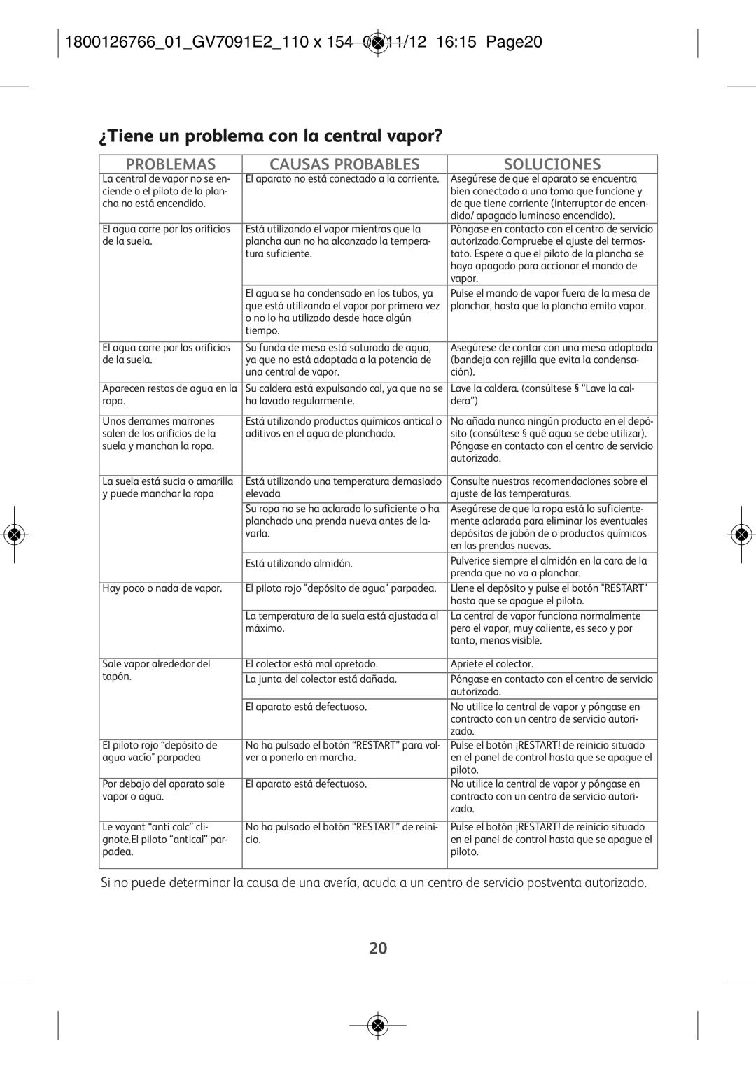 Tefal GV7091CH, GV7091C0 manual ¿Tiene un problema con la central vapor?, 180012676601GV7091E2110 X 154 06/11/12 1615 PAGE20 