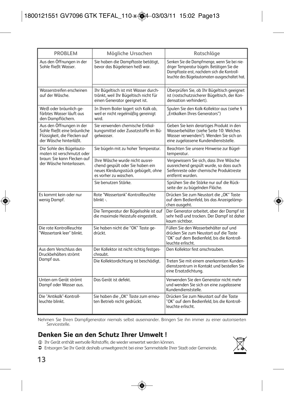 Tefal GV7096G1, GV7096C2 Denken Sie an den Schutz Ihrer Umwelt, 1800121551 GV7096 GTK TEFAL110 X 154 03/03/11 1502 PAGE13 