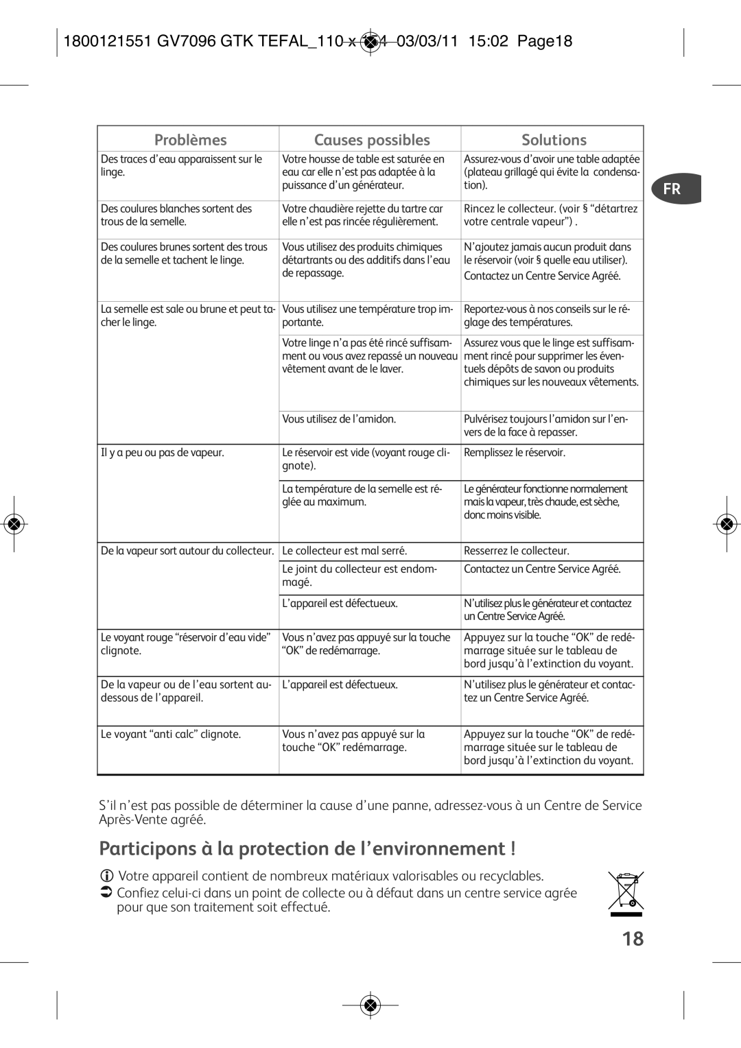 Tefal GV7096E2 Participons à la protection de l’environnement, 1800121551 GV7096 GTK TEFAL110 X 154 03/03/11 1502 PAGE18 