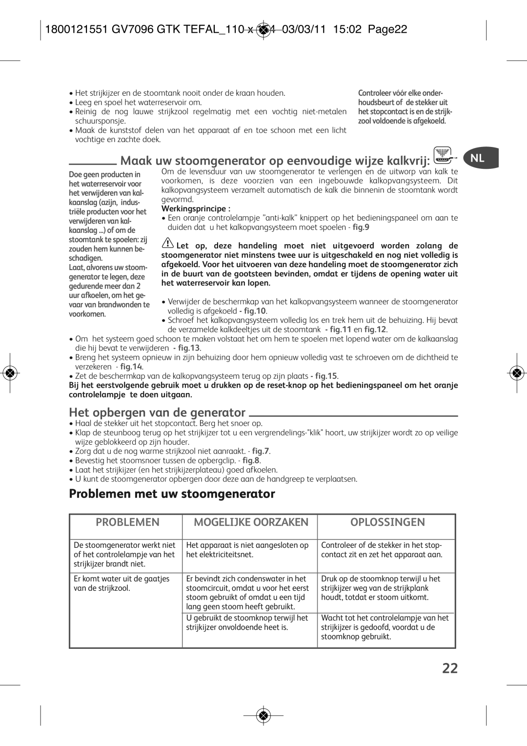 Tefal GV7096C0, GV7096C2, GV7096G0 manual Het opbergen van de generator, Problemen met uw stoomgenerator, Werkingsprincipe 