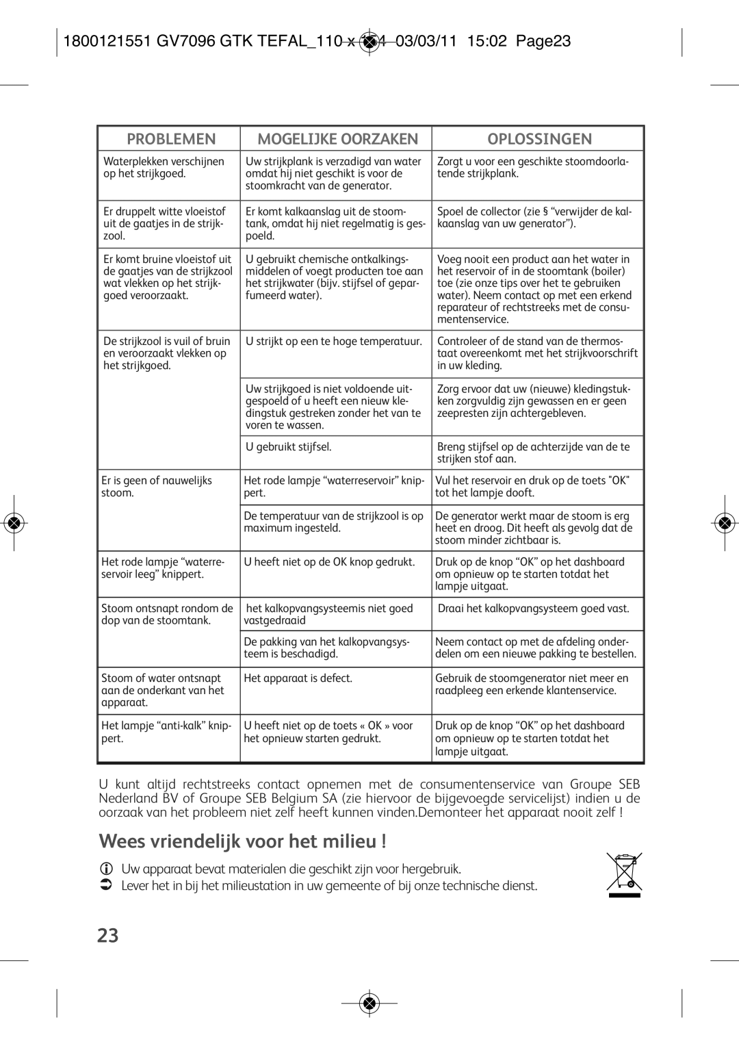 Tefal GV7096G0, GV7096C2 manual Wees vriendelijk voor het milieu, 1800121551 GV7096 GTK TEFAL110 X 154 03/03/11 1502 PAGE23 