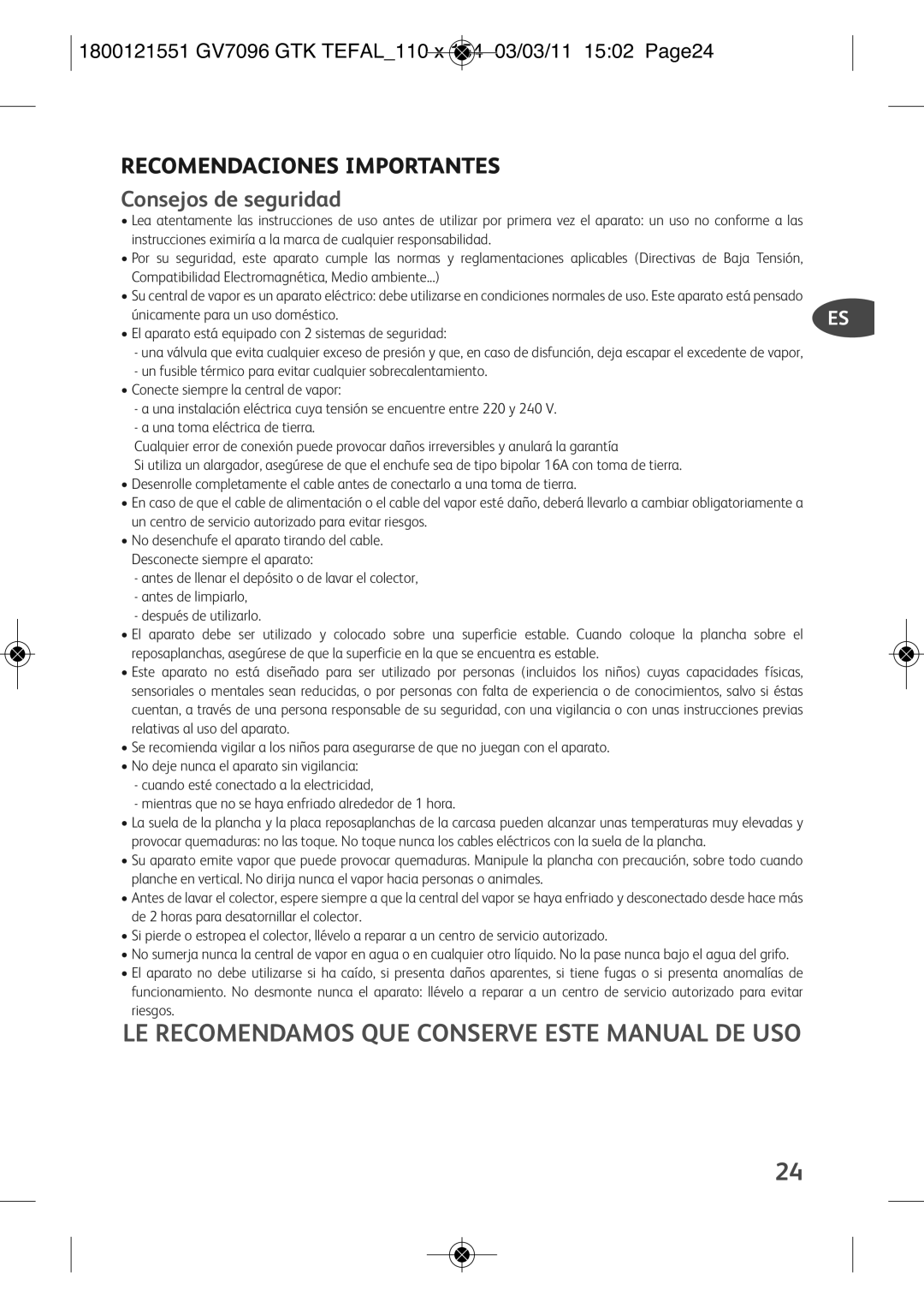 Tefal GV7096E0, GV7096C2, GV7096C0, GV7096G0, GV7096G1, GV7096Z2, GV7096Z1 Recomendaciones Importantes, Consejos de seguridad 