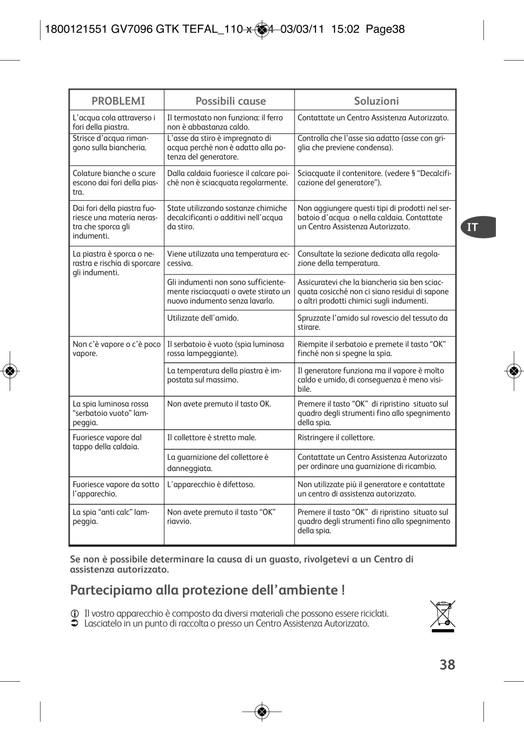 Tefal GV7096Z2 manual Partecipiamo alla protezione dell’ambiente, 1800121551 GV7096 GTK TEFAL110 X 154 03/03/11 1502 PAGE38 