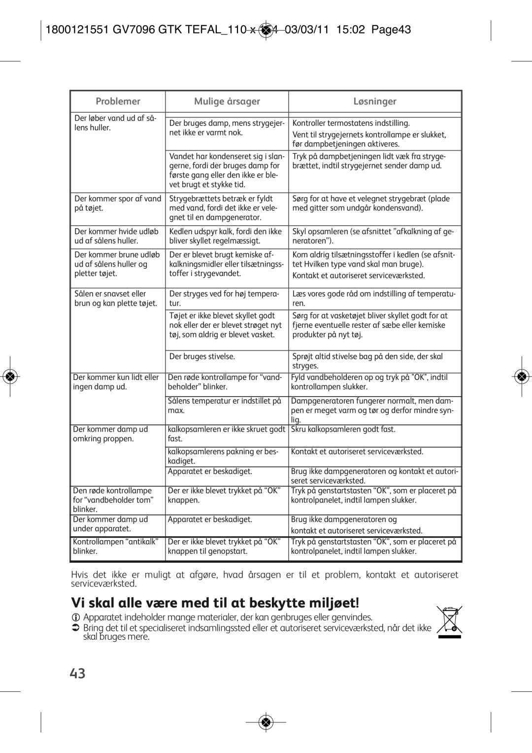 Tefal GV7096E1, GV7096C2, GV7096C0, GV7096G0, GV7096E0, GV7096G1 1800121551 GV7096 GTK TEFAL110 X 154 03/03/11 1502 PAGE43 