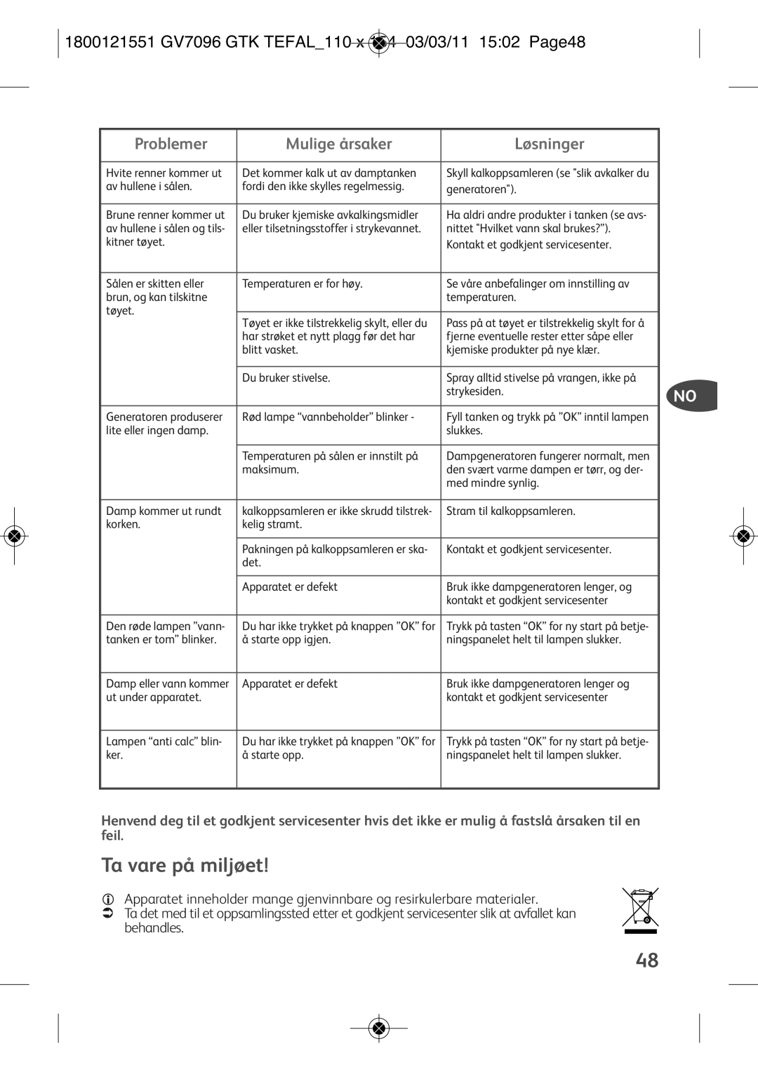 Tefal GV7096E0, GV7096C2, GV7096C0, GV7096G0 Ta vare på miljøet, 1800121551 GV7096 GTK TEFAL110 X 154 03/03/11 1502 PAGE48 