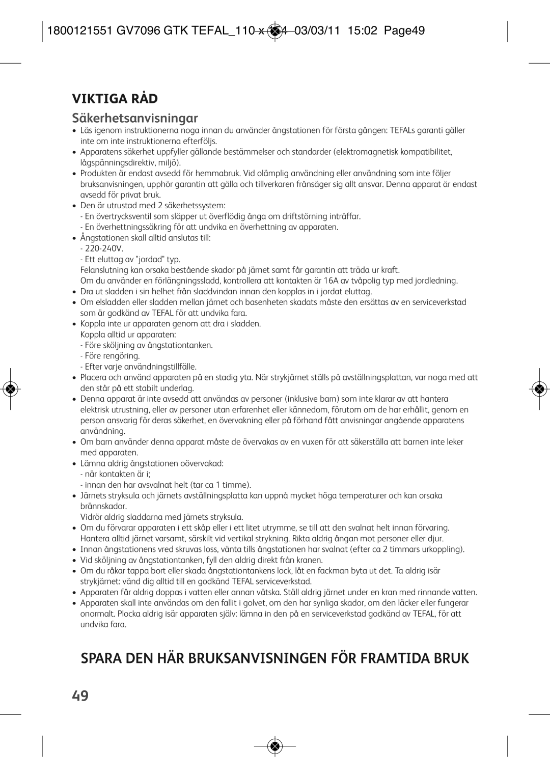 Tefal GV7096G1, GV7096C2 manual Viktiga RÅD, Säkerhetsanvisningar, 1800121551 GV7096 GTK TEFAL110 X 154 03/03/11 1502 PAGE49 