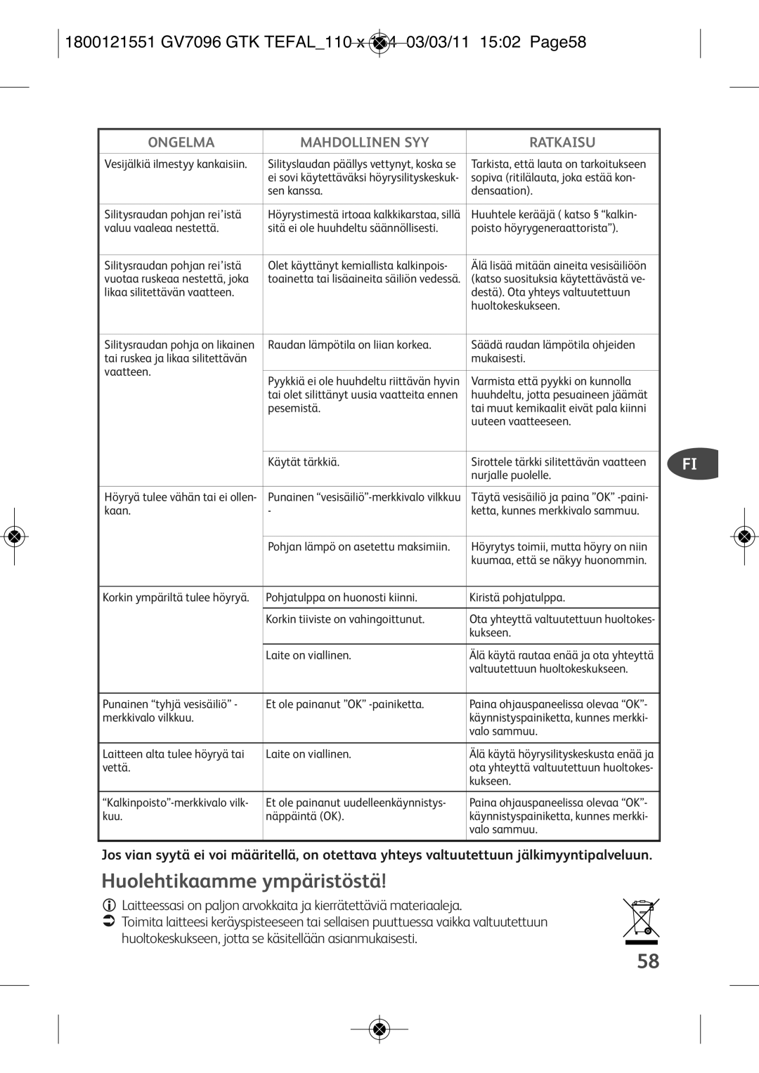 Tefal GV7096C0, GV7096C2, GV7096G0 Huolehtikaamme ympäristöstä, 1800121551 GV7096 GTK TEFAL110 X 154 03/03/11 1502 PAGE58 