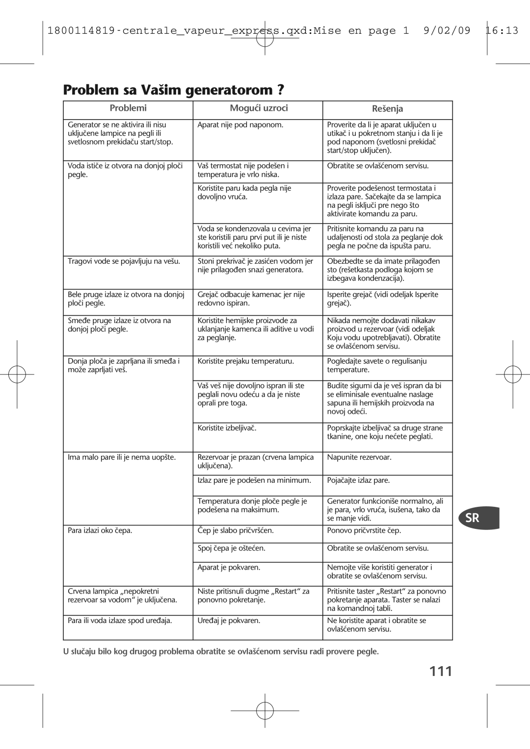 Tefal GV7150E0_28238N, GV7150C0, GV7150E0S, GV7150G8, GV7150S0, GV7150G0, GV7150Z0, GV7150X0 Problem sa Va‰im generatorom ?, 111 