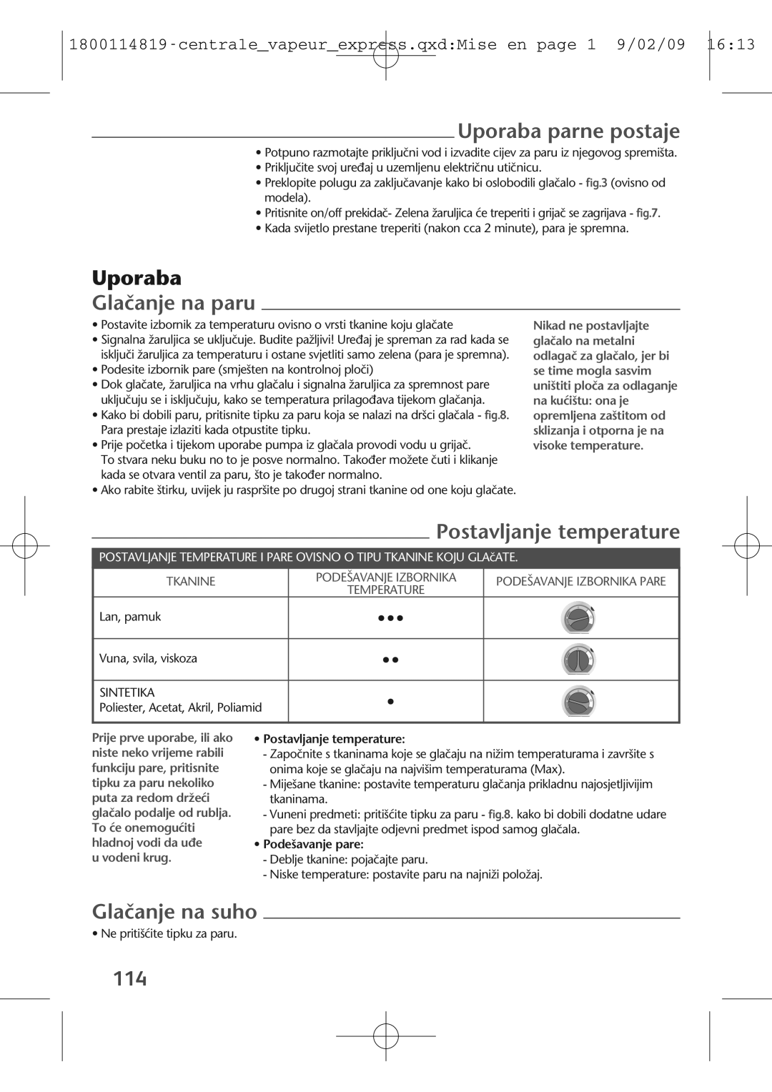 Tefal GV7150Z0, GV7150C0, GV7150G8 Uporaba parne postaje, Glaãanje na paru, Glaãanje na suho, 114, Postavljanje temperature 