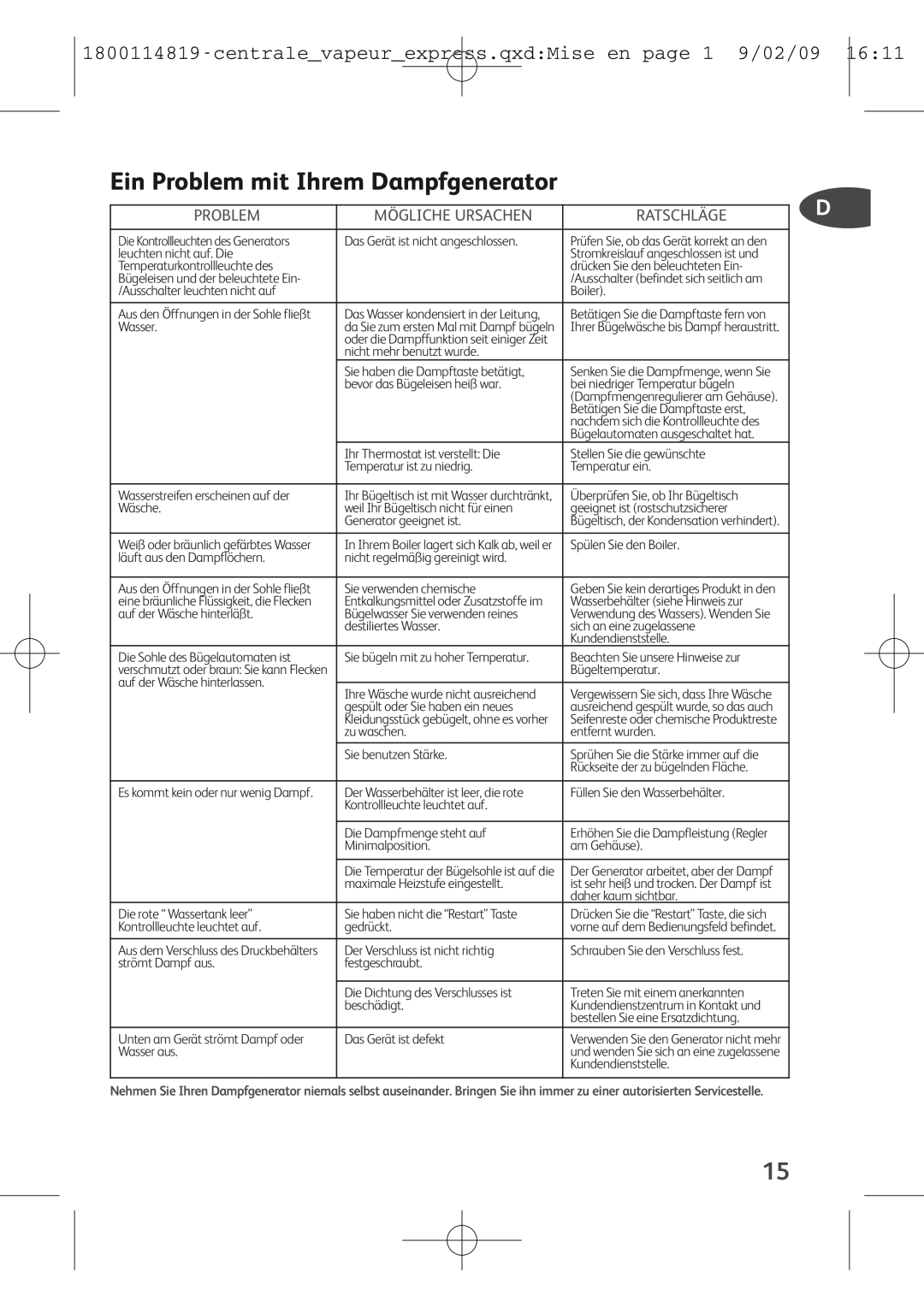 Tefal GV7150Z0, GV7150C0, GV7150E0S, GV7150G8, GV7150E0_28238N, GV7150S0, GV7150G0 manual Ein Problem mit Ihrem Dampfgenerator 