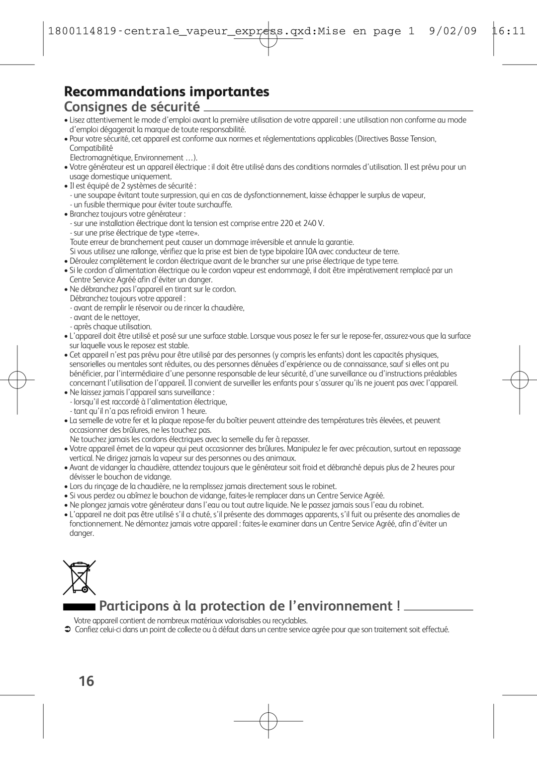 Tefal GV7150X0 manual Recommandations importantes, Consignes de sécurité, Participons à la protection de l’environnement 