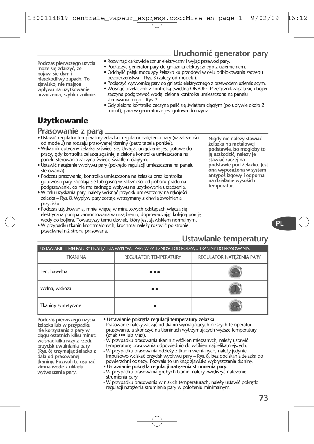 Tefal GV7150G8, GV7150C0, GV7150E0S manual Uruchomiç generator pary, ˝ytkowanie, Prasowanie z parà, Ustawianie temperatury 