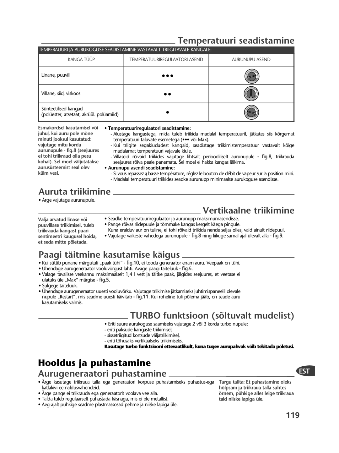 Tefal GV7250C0 Temperatuuri seadistamine, Auruta triikimine, Vertikaalne triikimine, Paagi täitmine kasutamise käigus 