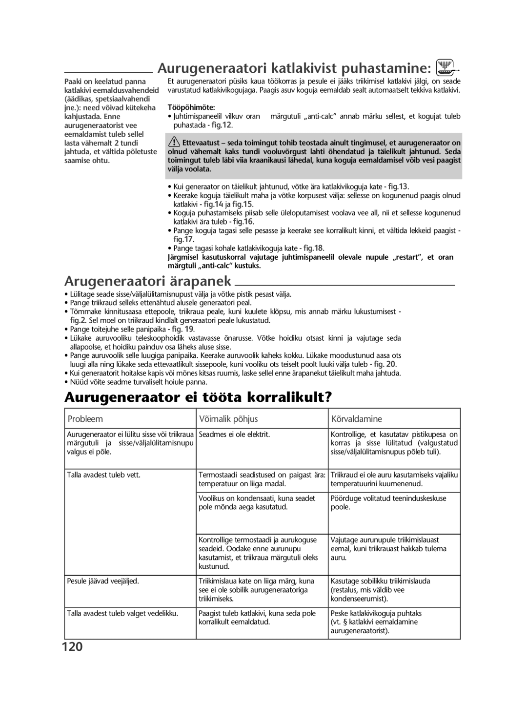 Tefal GV7250E0 Aurugeneraatori katlakivist puhastamine, Arugeneraatori ärapanek, Aurugeneraator ei tööta korralikult?, 120 