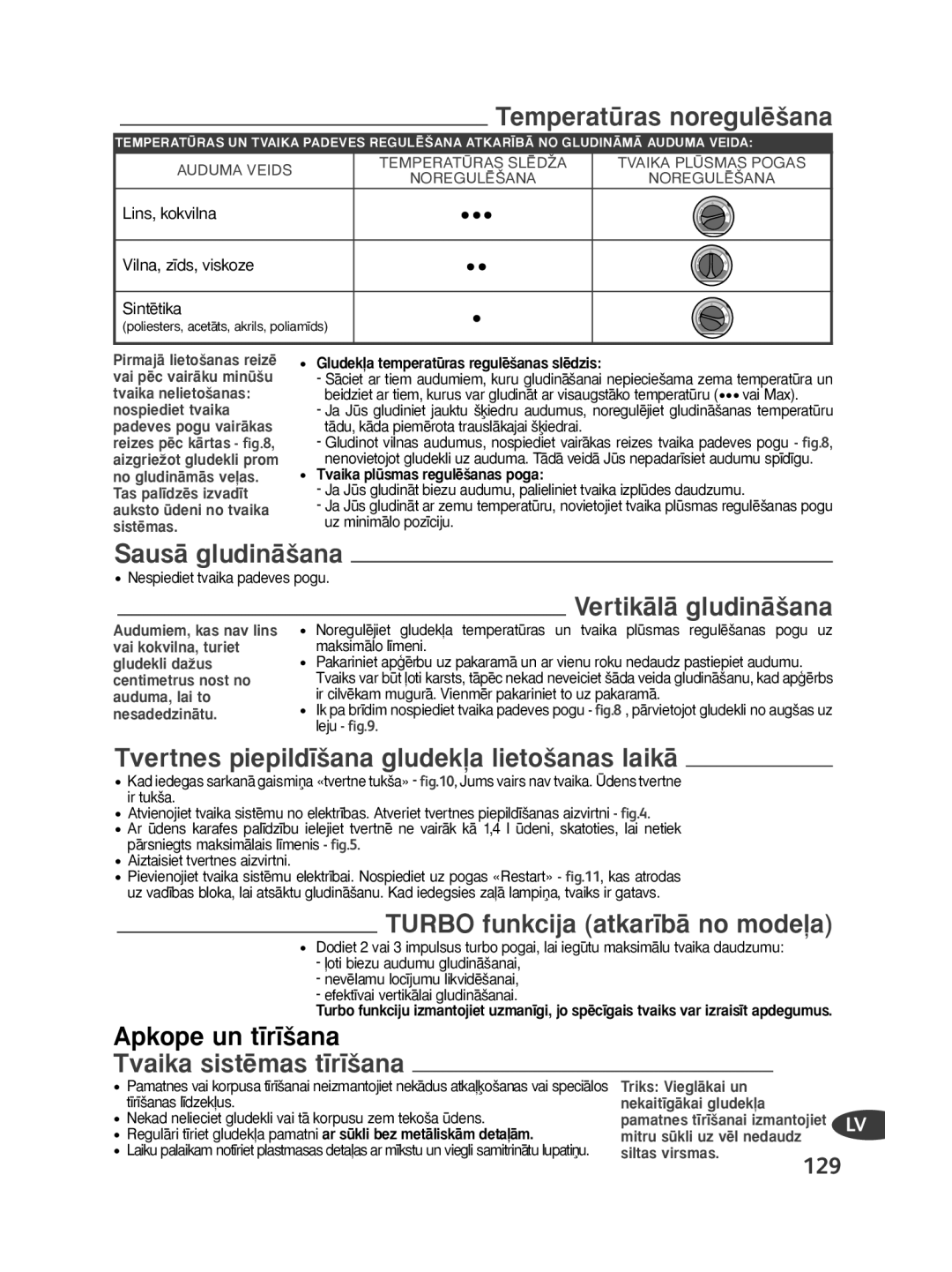 Tefal GV7250E0, GV7250G0 Temperatu\rasnoregule\éanaF, Tvertnes piepildêéana gludekÖa lietoéanas laika, Apkope un têrêéana 