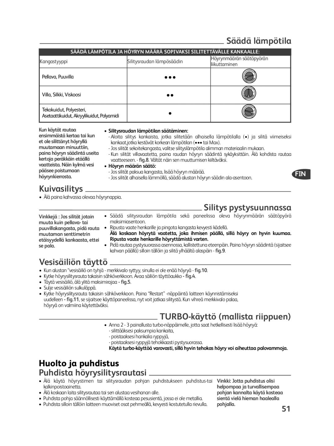 Tefal GV7250X0 Säädä lämpötila, Kuivasilitys, Silitys pystysuunnassa, Vesisäiliön täyttö, Puhdista höyrysilitysrautasi 