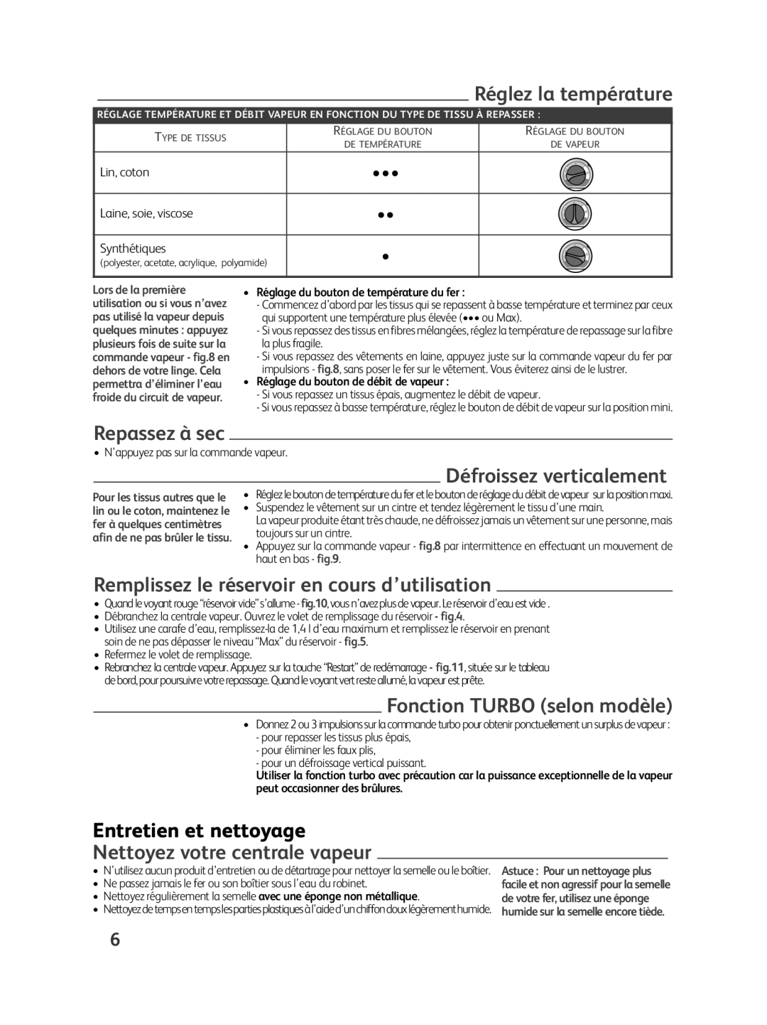 Tefal GV7250X0, GV7250_28238N Réglez la température, Repassez à sec, Défroissez verticalement, Fonction Turbo selon modèle 