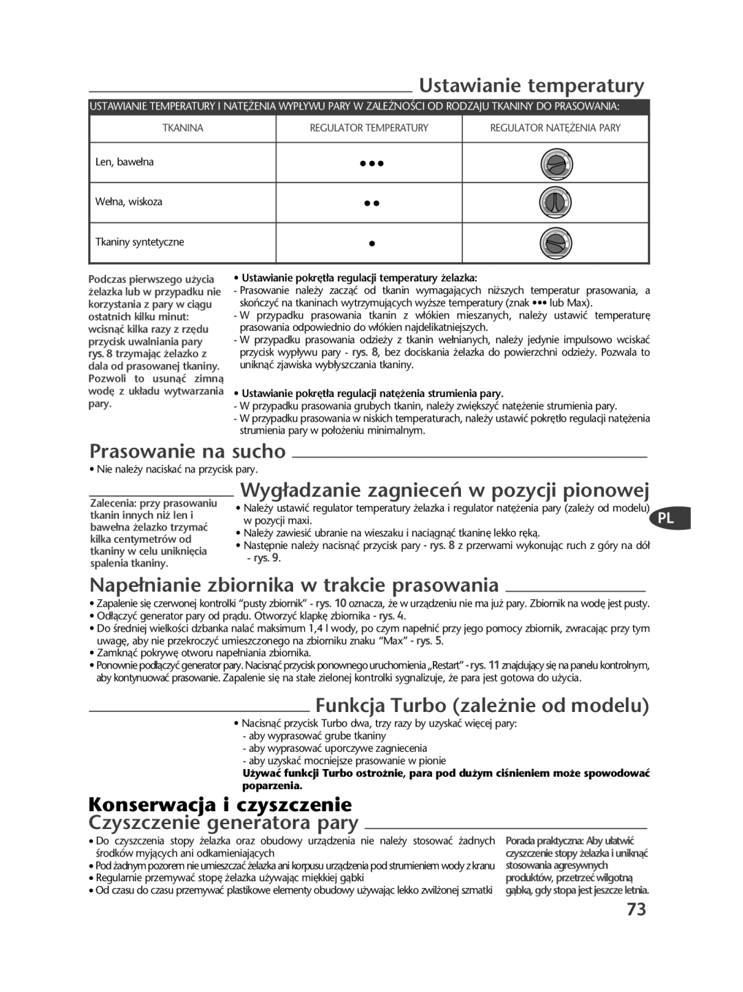 Tefal GV7250G0, GV7250_28238N manual Ustawianie temperatury, Prasowanie na sucho, Wyg∏adzanie zagnieceƒ w pozycji pionowej 