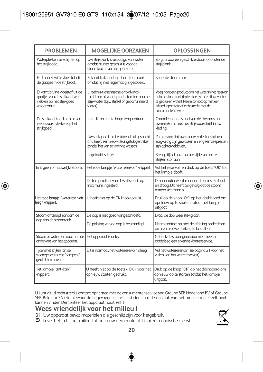 Tefal GV7310C0, GV7310CH, GV7310E0 Wees vriendelijk voor het milieu, 1800126951 GV7310 E0 GTS110X154 24/07/12 1005 PAGE20 