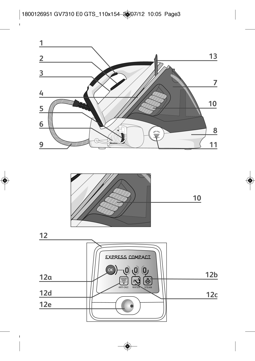 Tefal GV7310CH, GV7310E0, GV7310C0 manual 12b 12c, 1800126951 GV7310 E0 GTS110X154 24/07/12 1005 PAGE3 