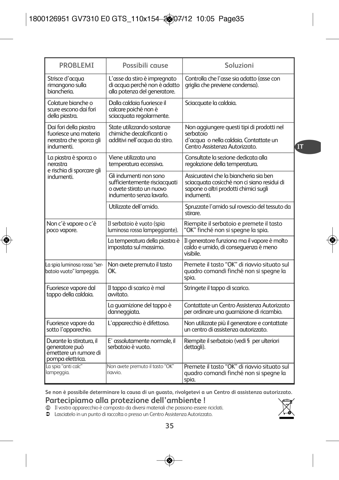 Tefal GV7310C0, GV7310CH Partecipiamo alla protezione dell’ambiente, 1800126951 GV7310 E0 GTS110X154 24/07/12 1005 PAGE35 