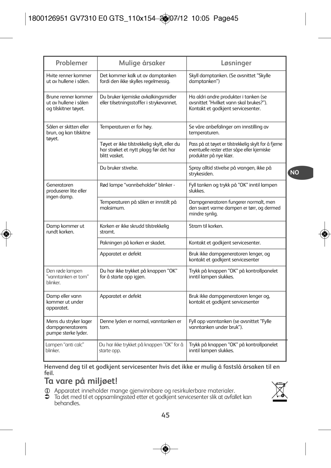 Tefal GV7310CH, GV7310E0, GV7310C0 manual Ta vare på miljøet, 1800126951 GV7310 E0 GTS110X154 24/07/12 1005 PAGE45 