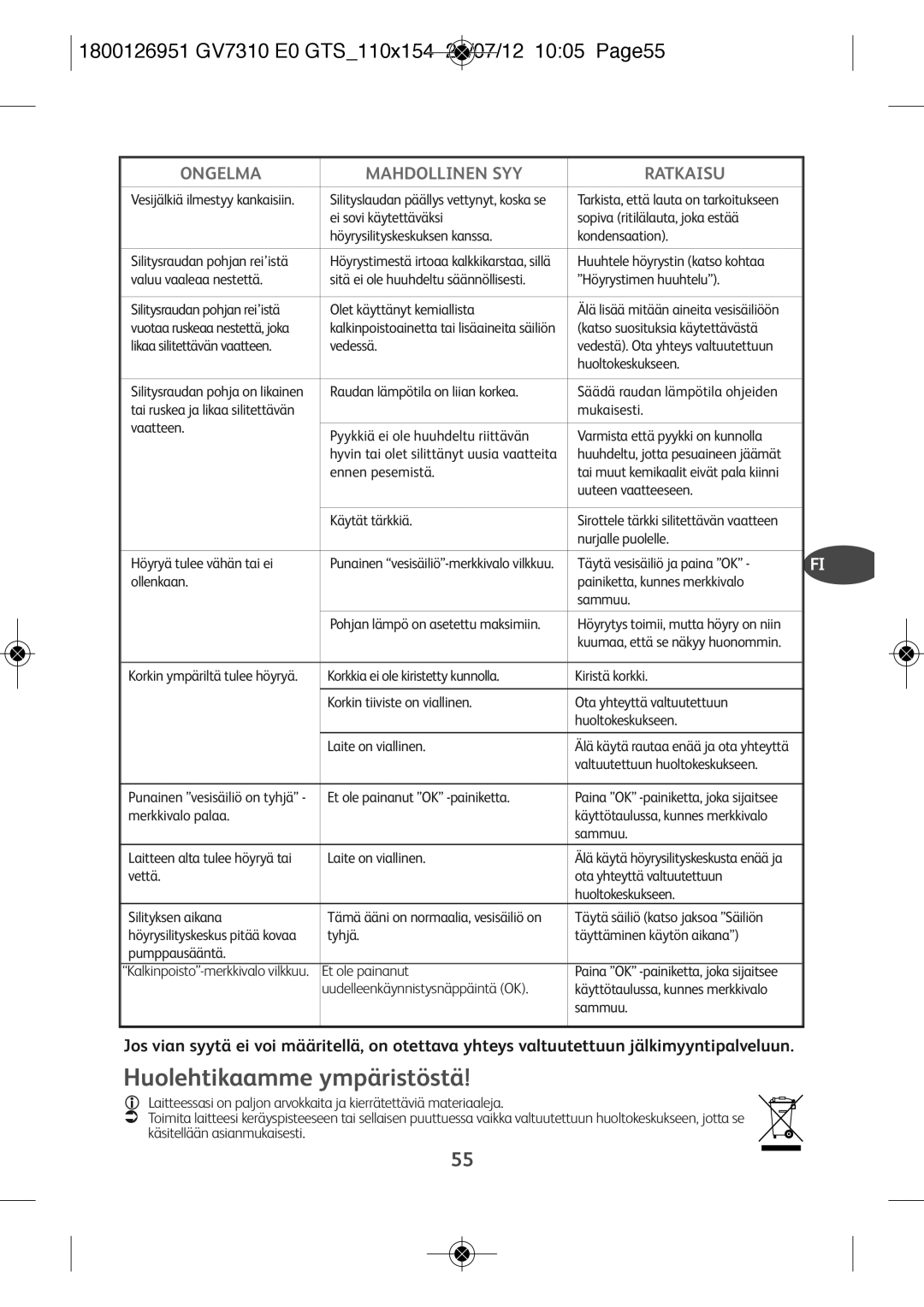 Tefal GV7310E0, GV7310CH, GV7310C0 manual Huolehtikaamme ympäristöstä, 1800126951 GV7310 E0 GTS110X154 24/07/12 1005 PAGE55 