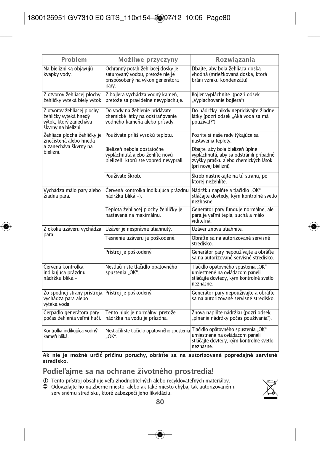 Tefal GV7310C0 manual PodieEajme sa na ochrane životného prostredia, 1800126951 GV7310 E0 GTS110X154 24/07/12 1006 PAGE80 
