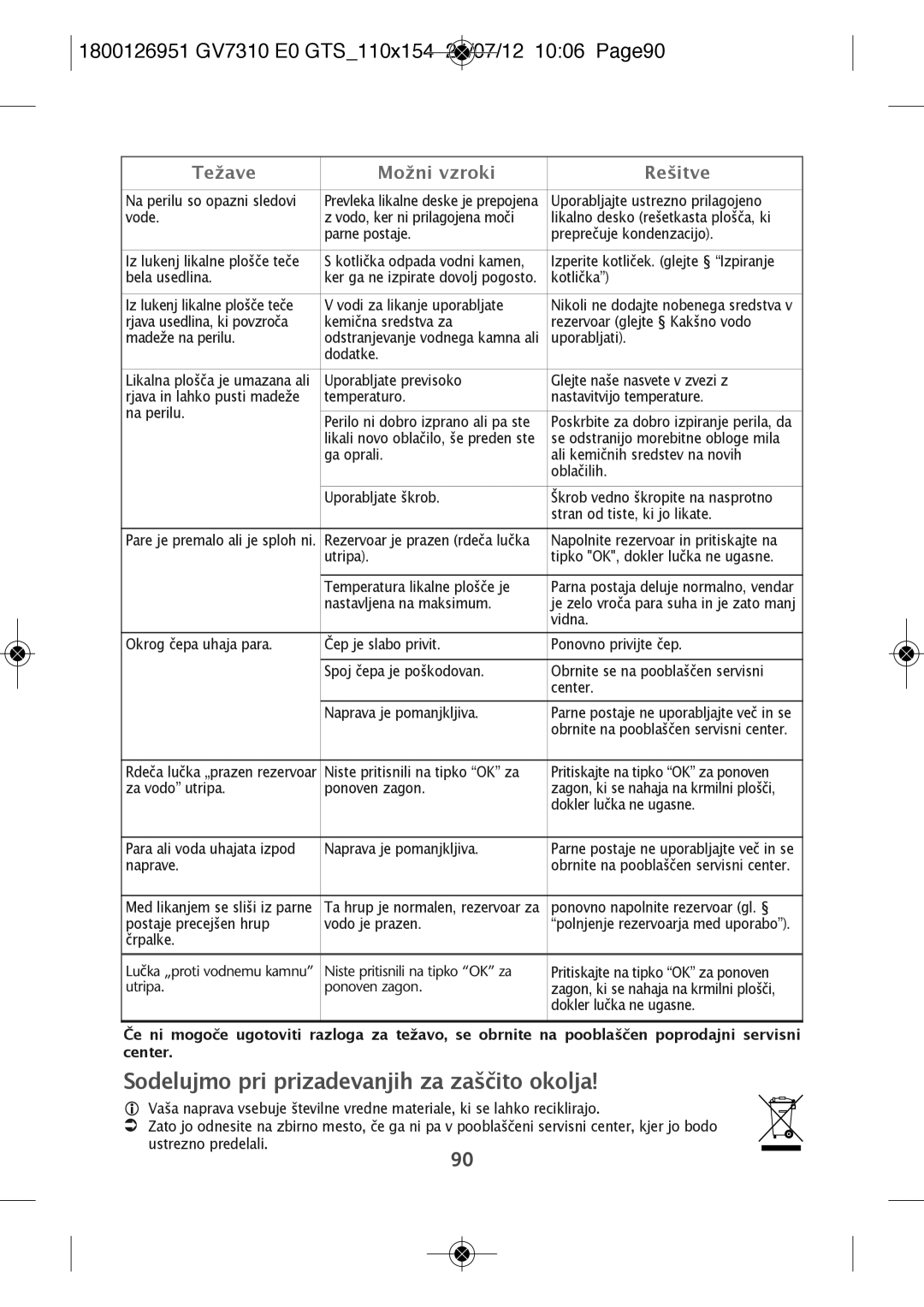 Tefal GV7310CH manual Sodelujmo pri prizadevanjih za zaščito okolja, 1800126951 GV7310 E0 GTS110X154 24/07/12 1006 PAGE90 